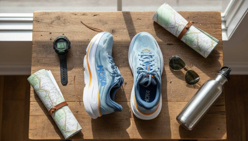 HOKA Bondi 9 displayed on a table with other hiking gears.