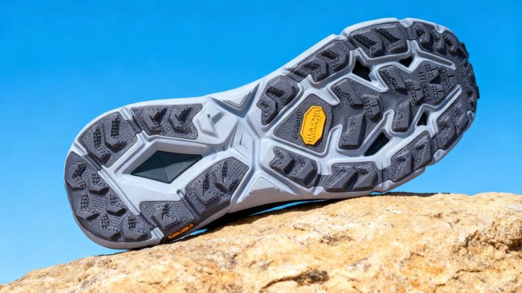 Outsole of HOKA Mafate Speed 4 placed on rock.