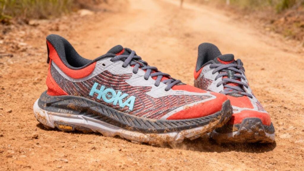 HOKA Mafate Speed 4 in uttered in dust due to testing.