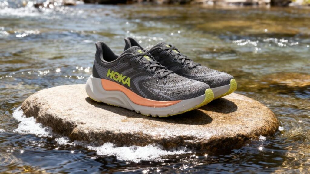 HOKA Arahi 8 placed on a rock within water stream.