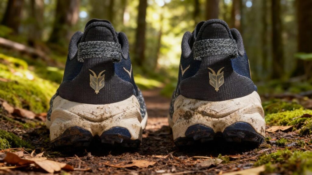 Heels view of HOKA Speedgoat 6 placed on a forest trail.
