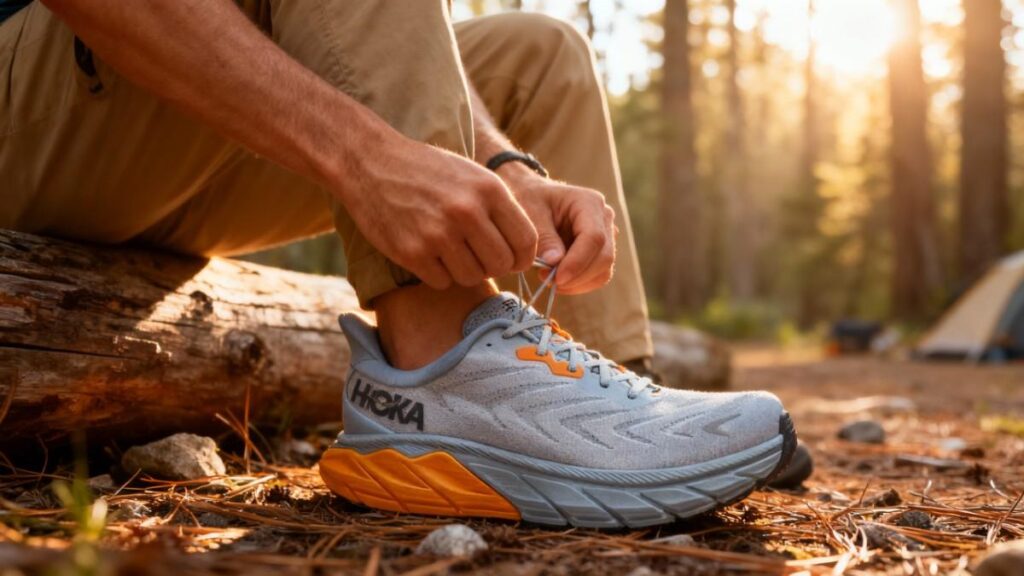 Hiker sitting on a log & lacing-up his HOKA Arahi 6.