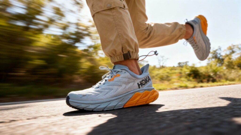 Action shot of hiker wearing HOKA Arahi 6.