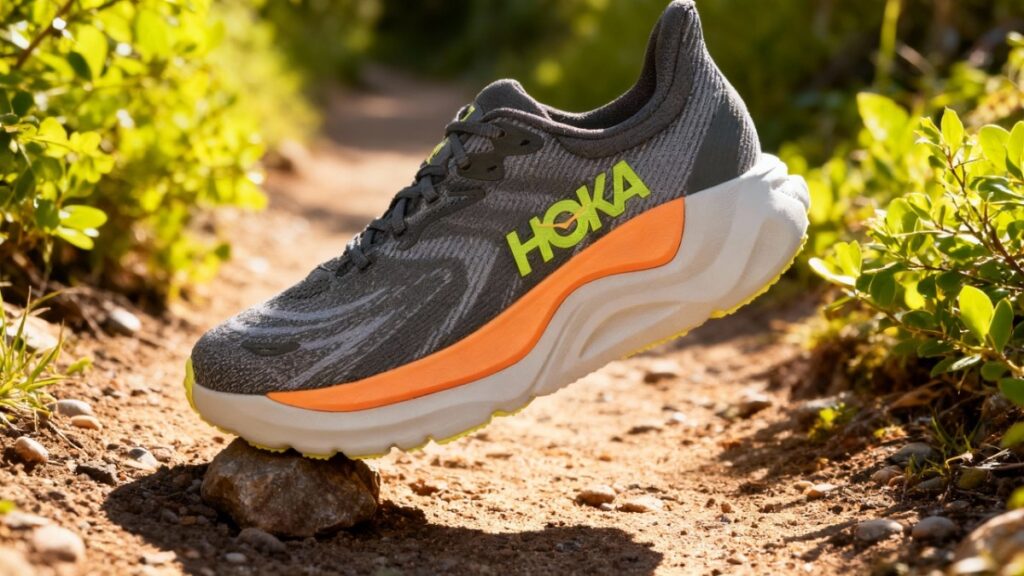Hoka Arahi 8, with its toe box hitting rock while lifted in air.