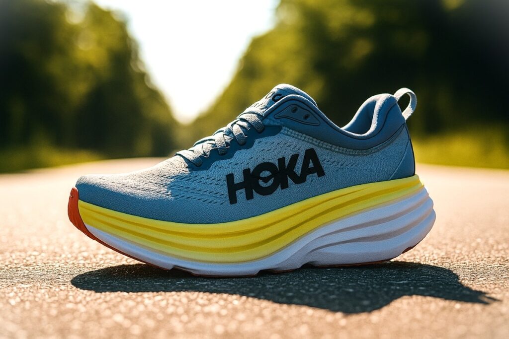 Sideview close-up of HOKA Bondi 8 on a road.