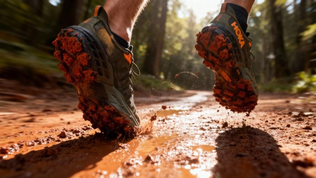 Hoka Speedgoat 5 on a muddy trail.