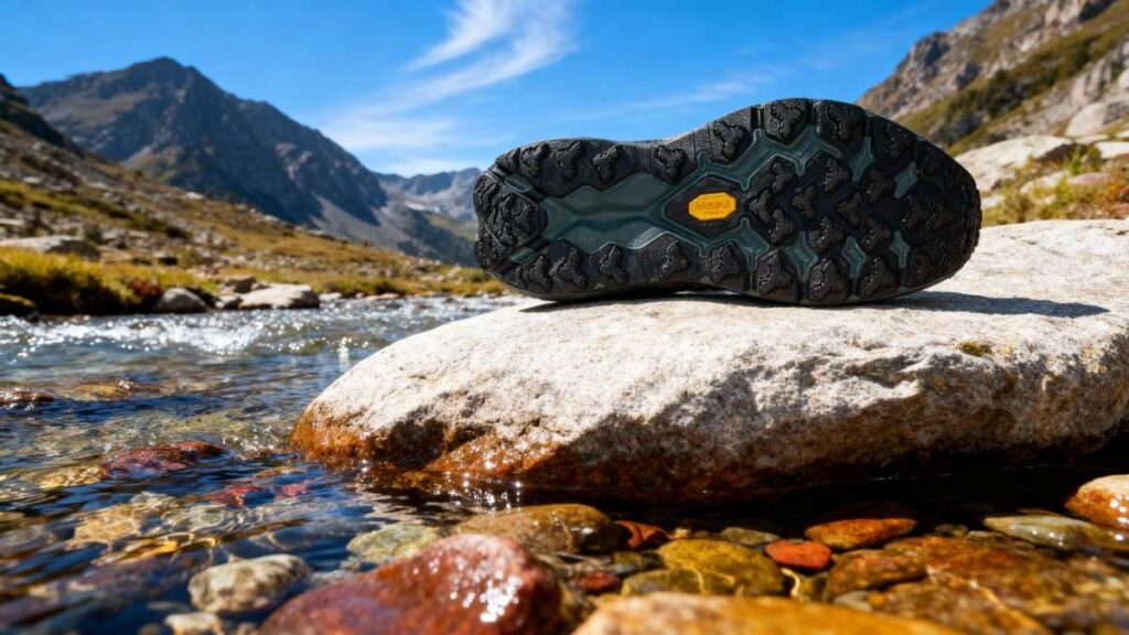 Sole of HOka Speedgoat 5 displayed on the rock within a water stream.