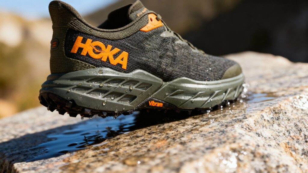 HOKA Speedgoat 5 displayed on a granite rock.