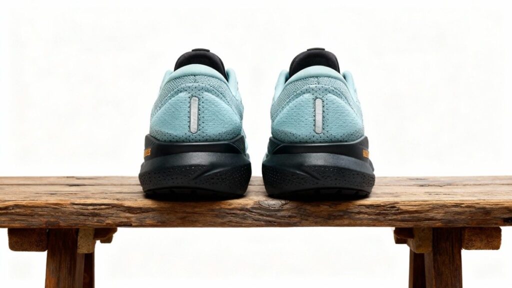 Heels view of Brooks Adrenaline GTS 24 placed on a wooden bench.