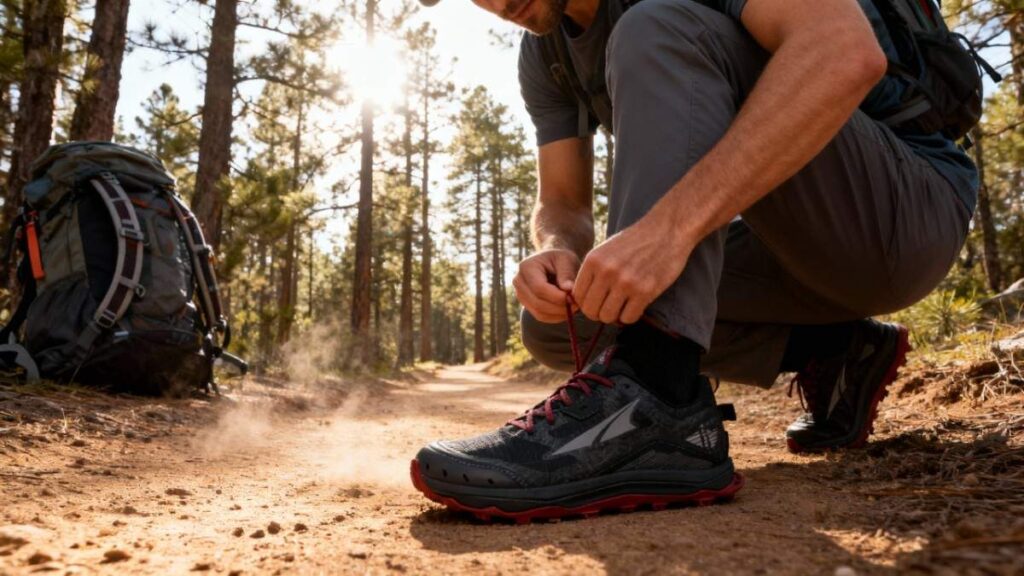 Hiker lacing up his Altra Lone Peak 6.