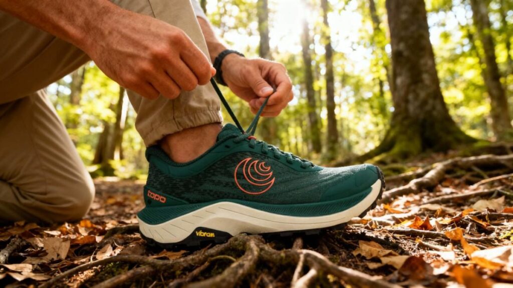 Hiking lacing his Topo Ultraventure 4.