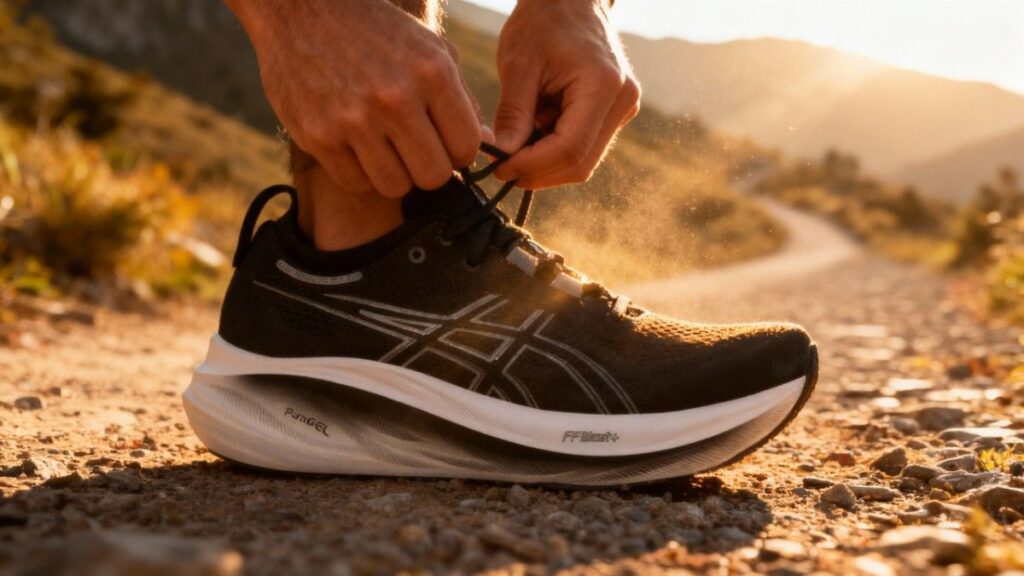 Hiker lacing up his ASICS GEL-Nimbus 26.