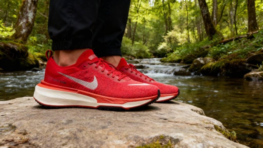 Hiker wearing Nike Invincible Run 3 & standing by water stream.