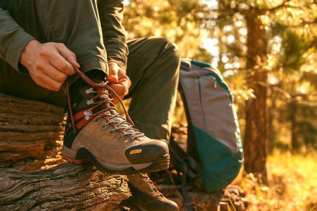 Hiker sitting on a log lacing up his Asolo Fugitive GTX.