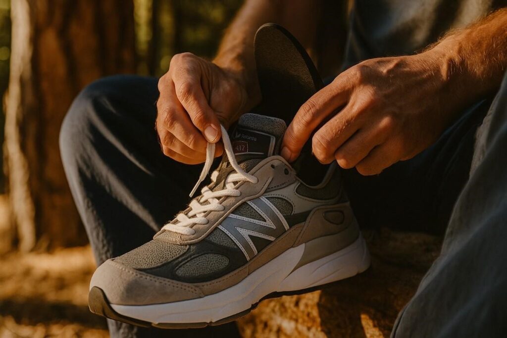 Hiker holding and adjusting his New Balance 990v6.