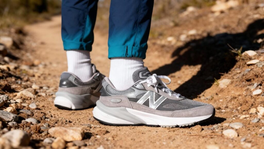 Hiker wearing New Balance 990v6 and standing on dirt trail.