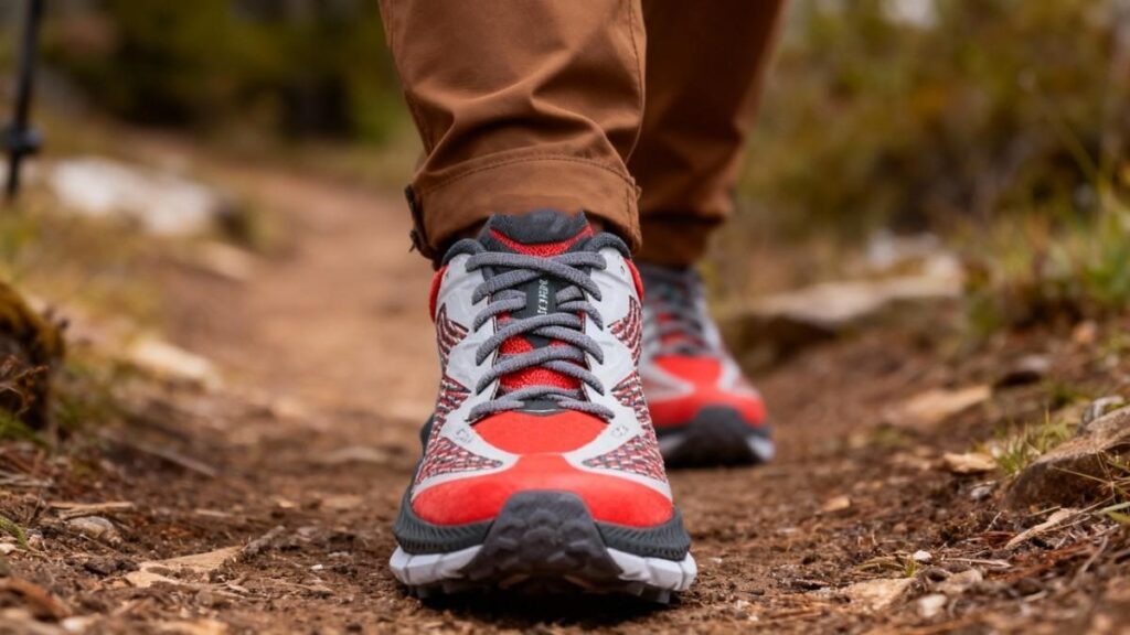 Hiker waling through a dirt trail wearing HOKA Mafate Speed 4.
