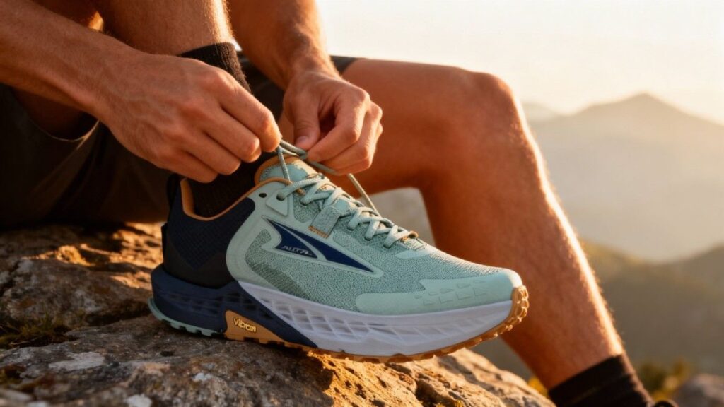 Close-up of hiker lacing up his Altra Timp 5.