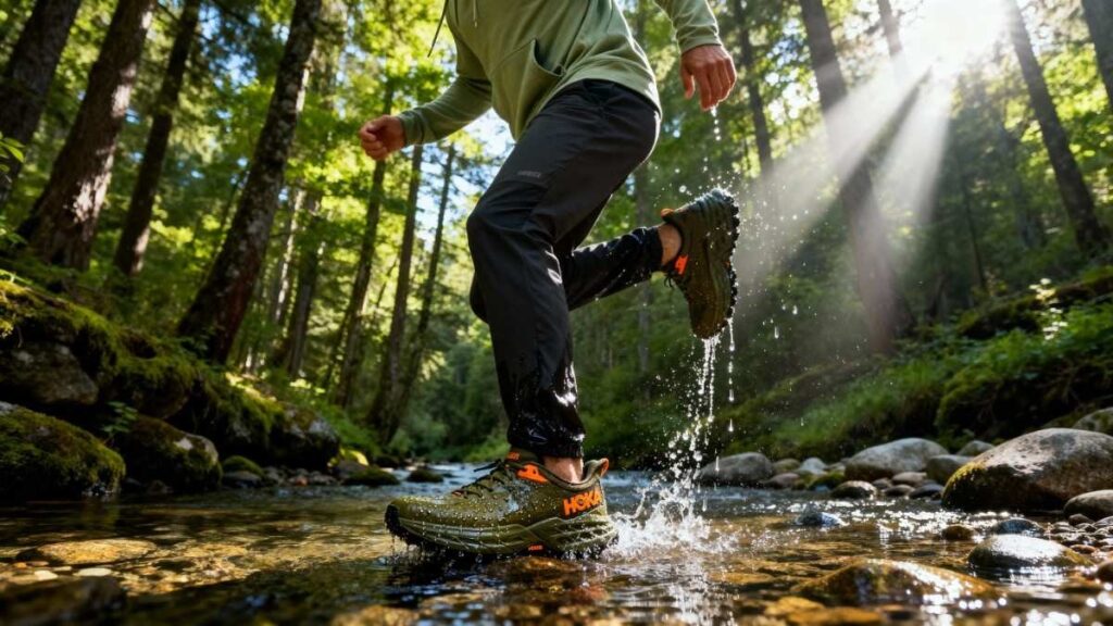 Hiker running through a low water stream with Hoka Speedgoat 5.