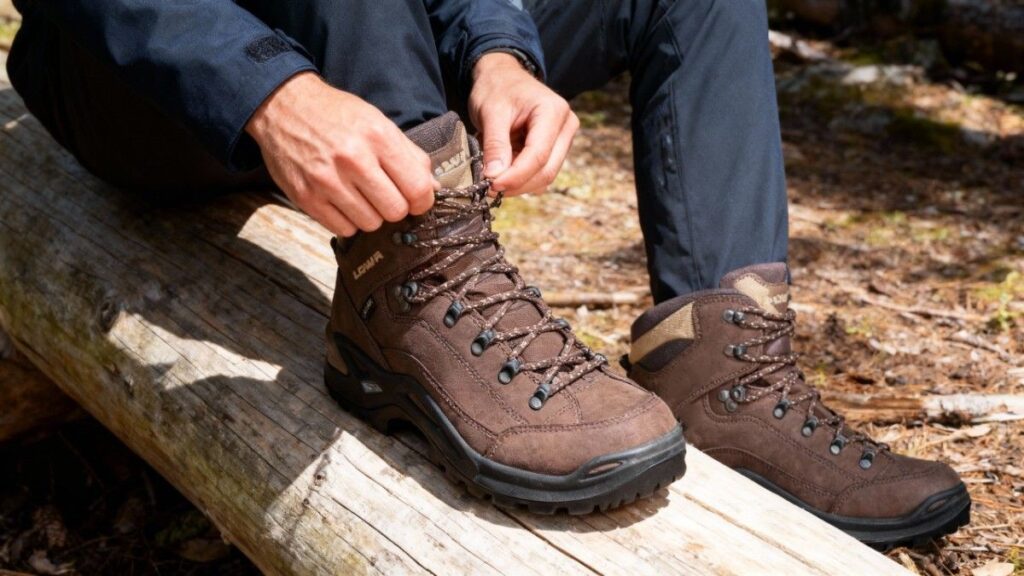 Hiker lacing up his LOWA Renegade GTX Mid.