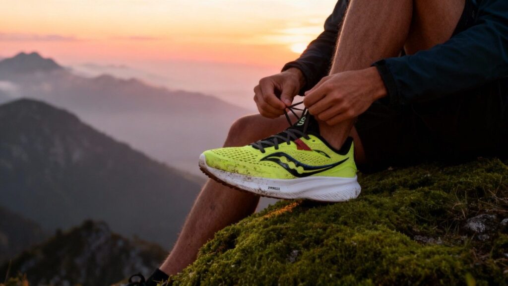 Hiker lacing up his Saucony Ride 15.