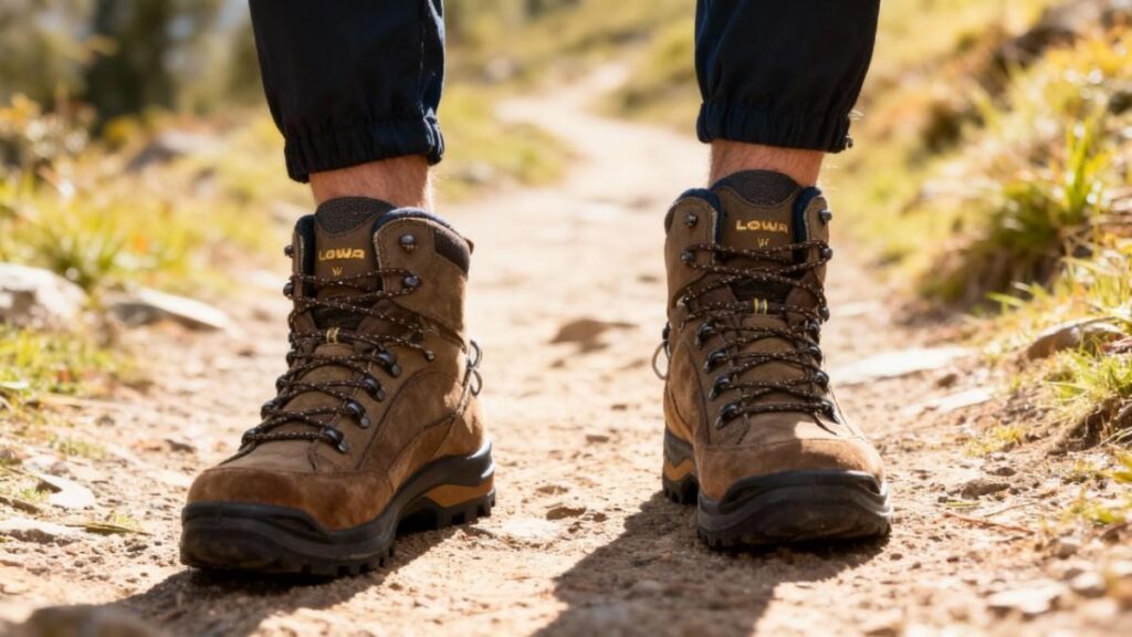 Front side Close up of hiker's legs wearing LOWA Renegade GTX Mid.