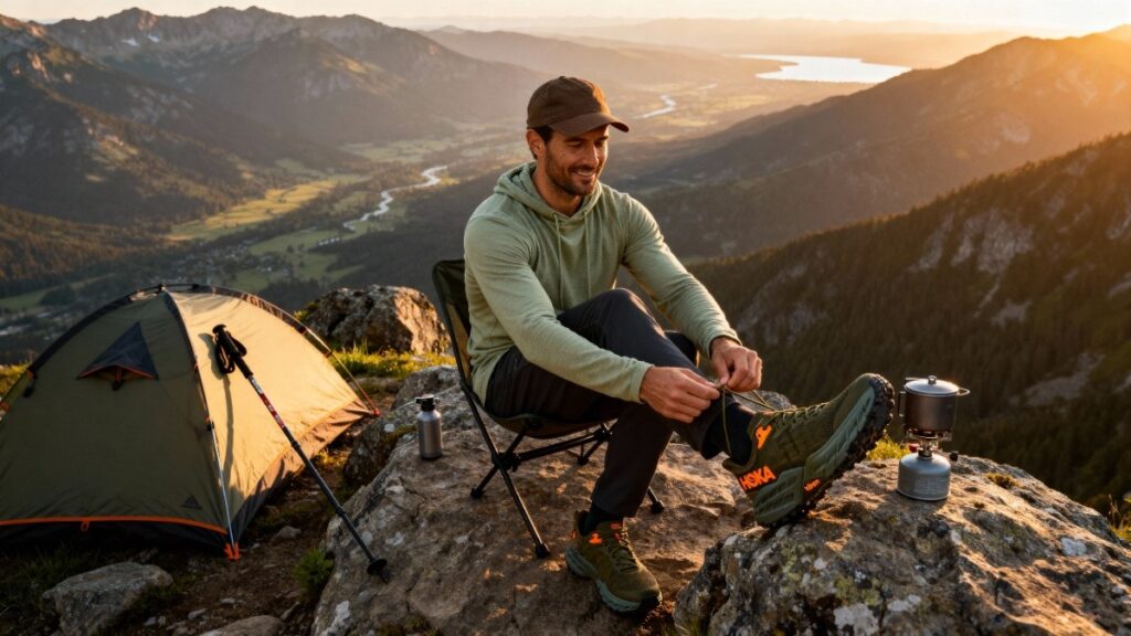 Hiker lacing up his Hoka Speedgoat 5 Hiking shoes.