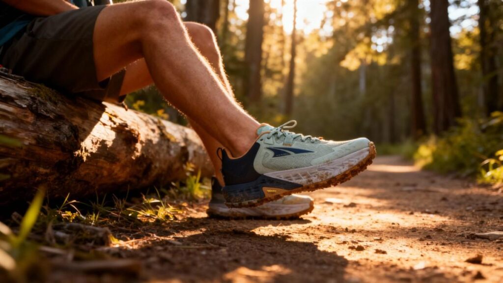 Hiker sitting on a log wearing Altra Timp 5.