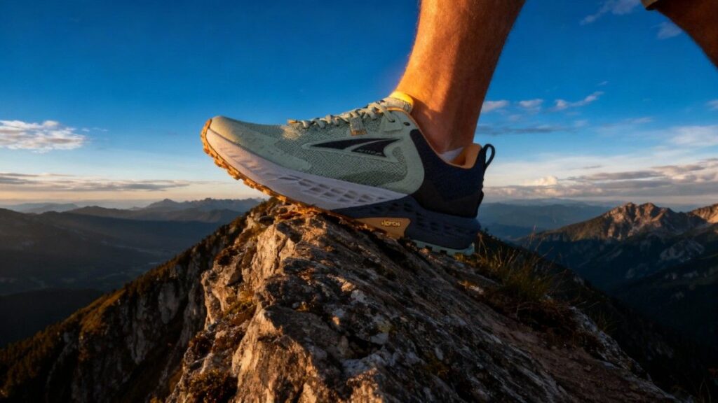 hiker's foot pushing against a rock with Altra Timp 5.