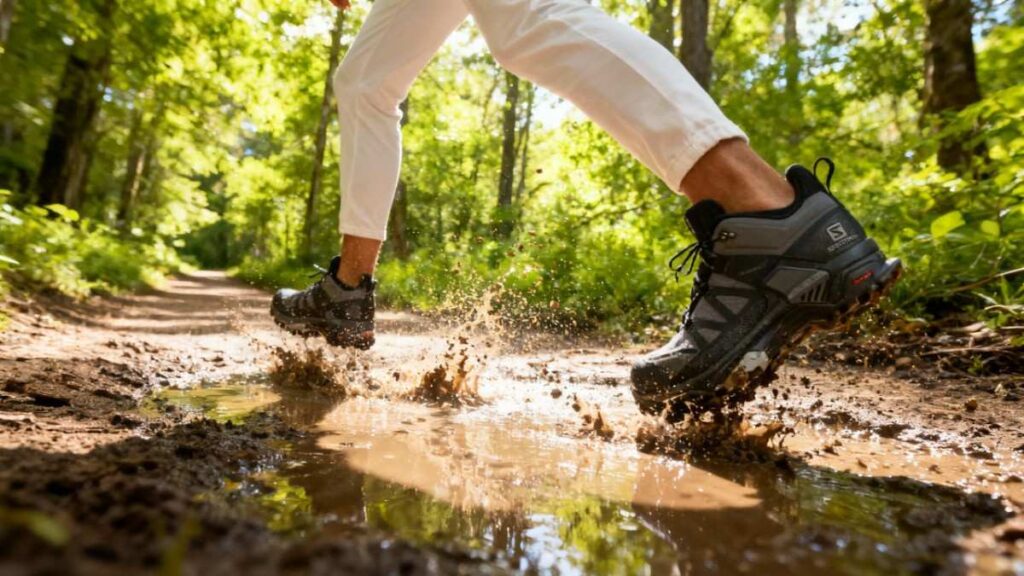 Hiker's legs shot weaing Salomon X Ultra 4 GTX & crossing a muddy trail.