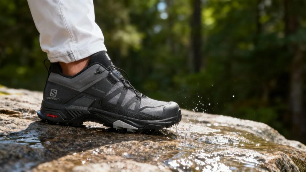 Close-up of hiker's leg wearing Salomon X Ultra 4 GTX on rock surface.
