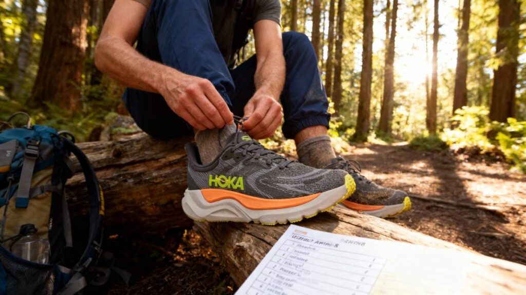 Hiker lacing up his Hoka Arahi 8.