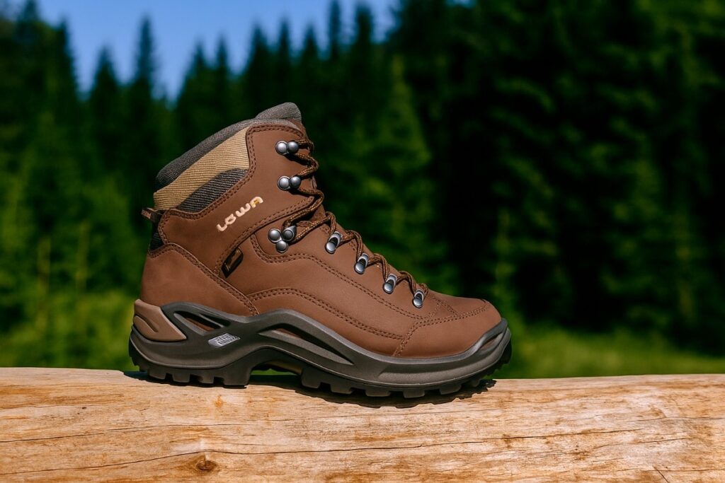 LOWA Renegade GTX Mid displayed on a log.