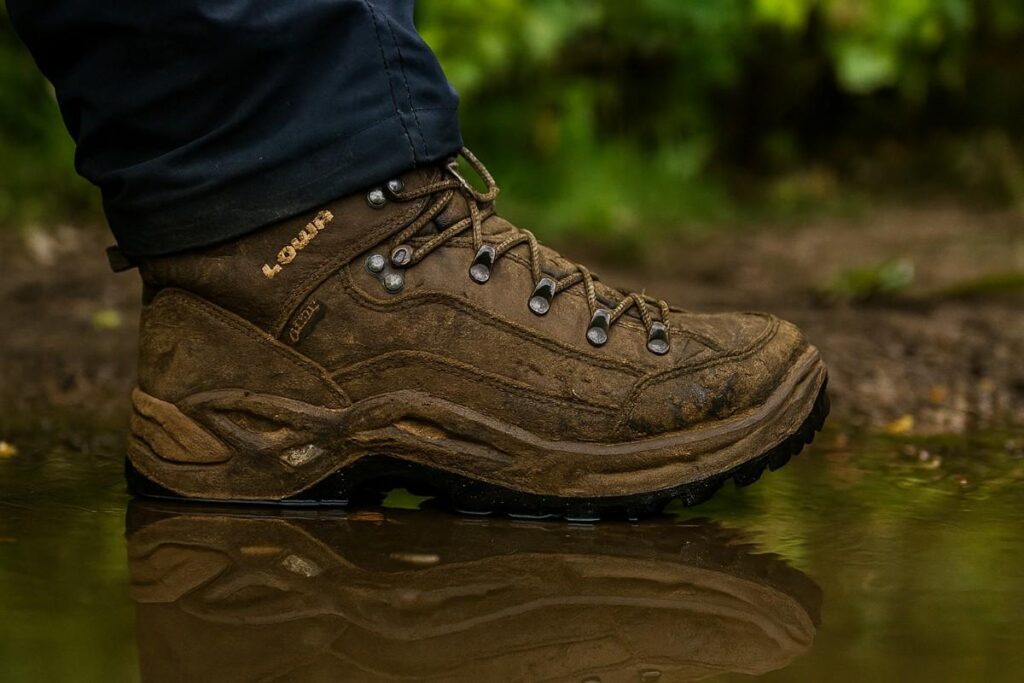 Close up of hiker's legs wearing LOWA Renegade GTX Mid and walking though a water stream.