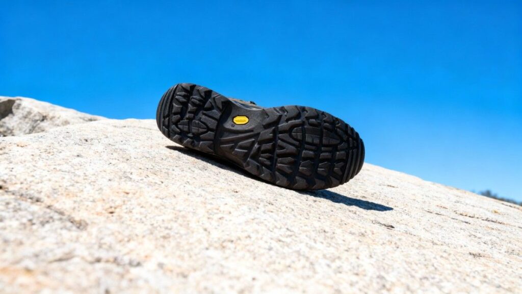 Outsole of LOWA Renegade GTX Mid displayed on a rock under clear blue sky.