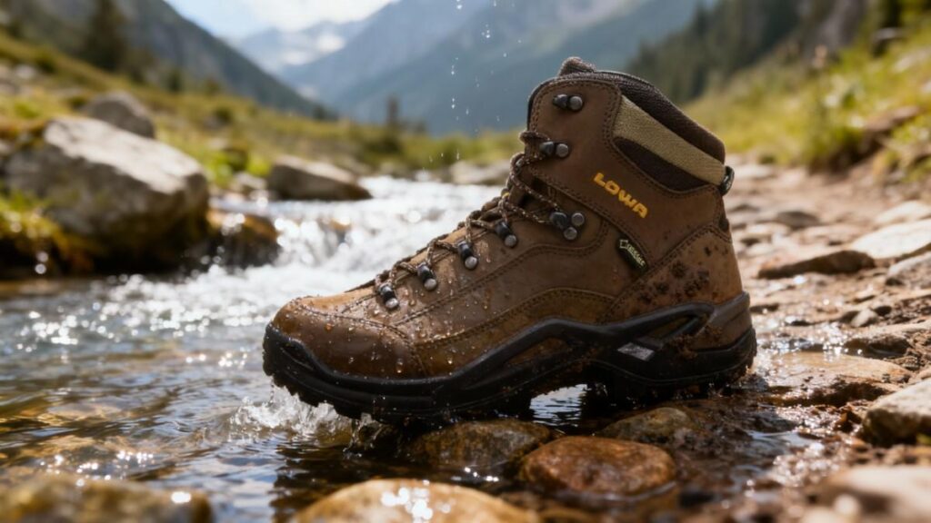 LOWA Renegade GTX Mid displayed on rocky of water stream.