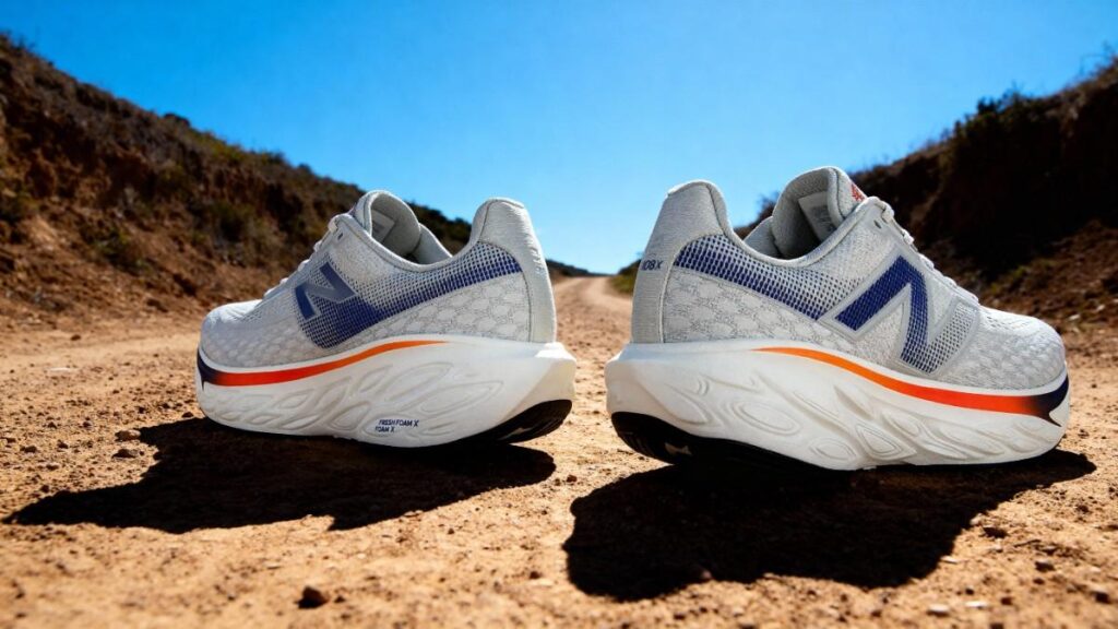 Side-by-side view of New Balance Fresh Foam X 1080 v14 on dirt trail.