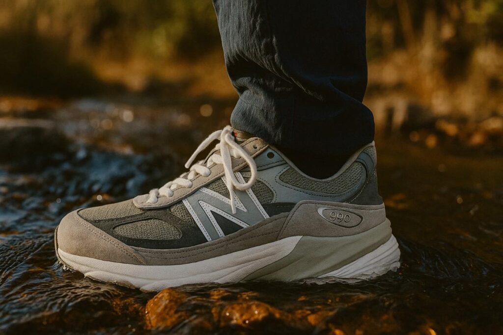 Close up of hiker standing in a water stream wearing New Balance 990v6.