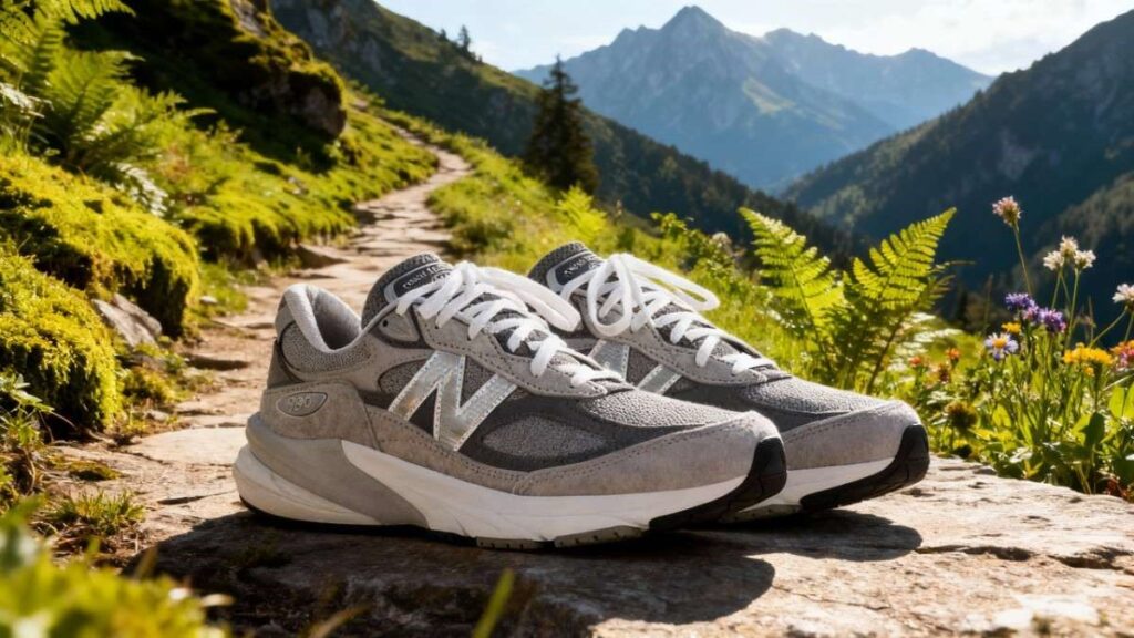 Close-up of New Balance 990v6 displayed on a green trail.
