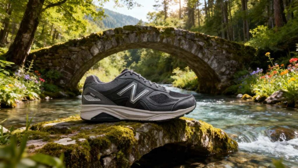 New Balance 1540v3 placed on a little rock surrounded by green environment.
