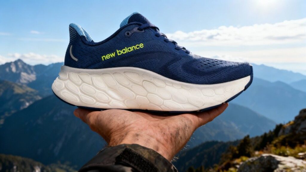 New Balance Fresh Foam X More v4 placed on hiker's palm.
