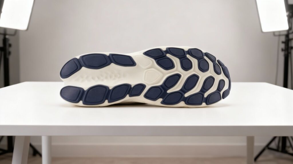 Outsole of New Balance Fresh Foam X More v4 placed on a table in studio.