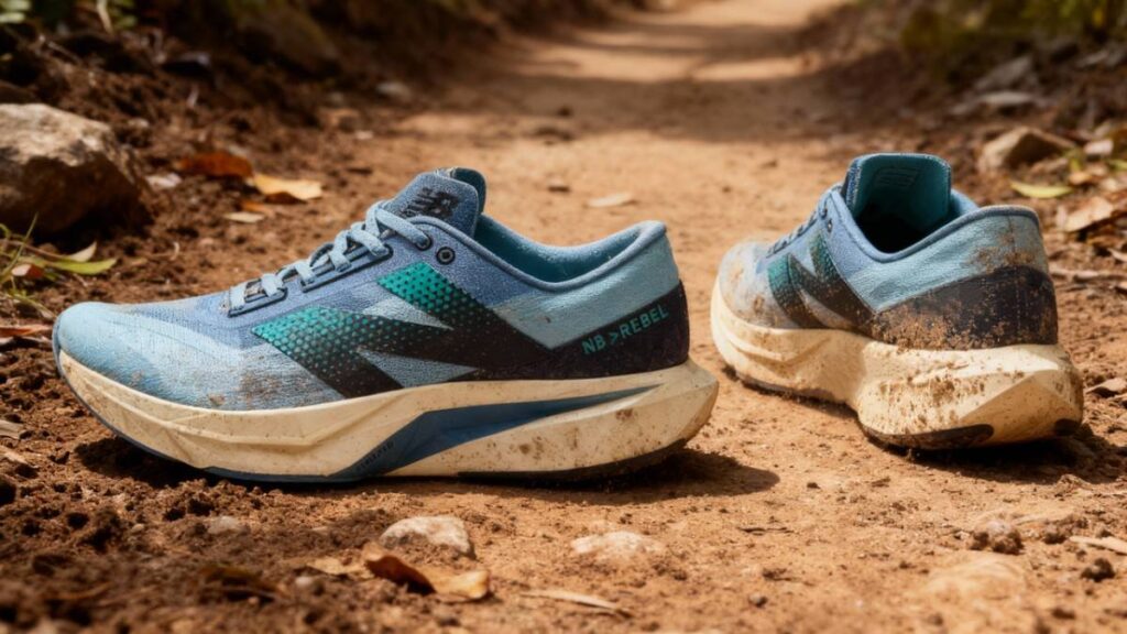 Pair of New Balance FuelCell Rebel v4 placed on a dirt trail. 
