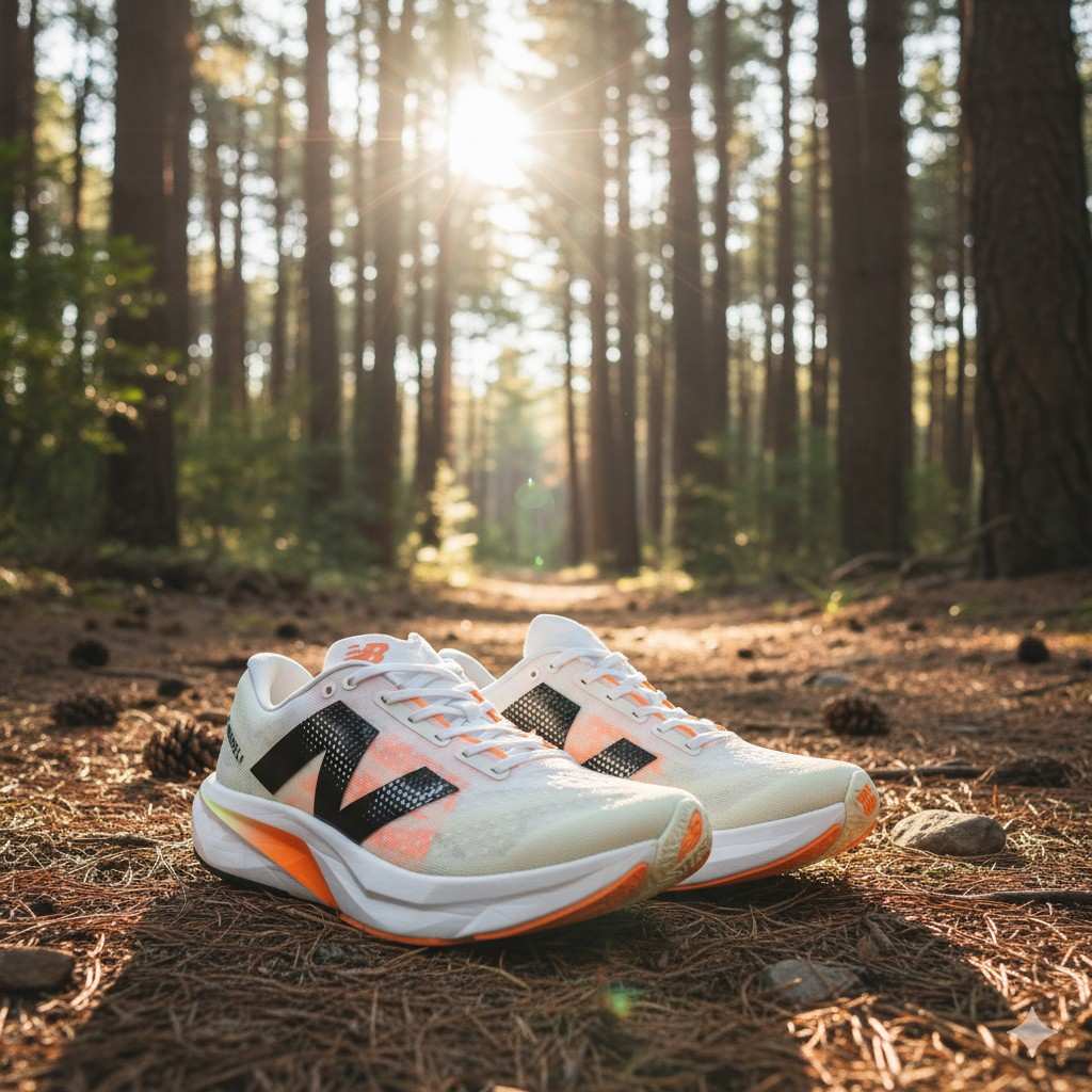 Close-up of New Balance FuelCell Rebel v4 displayed in a forest. 