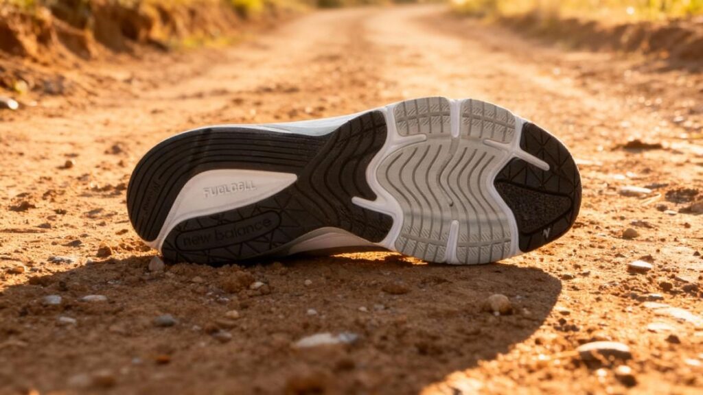 Outsole of New Balance 990v6 displayed on a dirt trail.