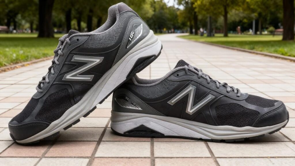 Close-up of New Balance 1540v3 placed on a tiles path in local park.