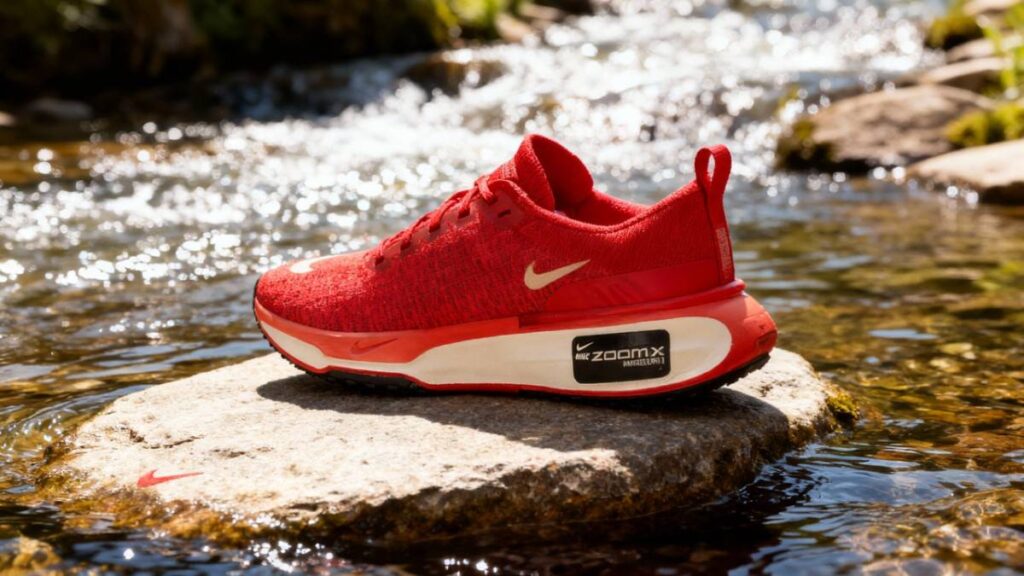 Nike Invincible Run 3 placed on a rock within water stream.