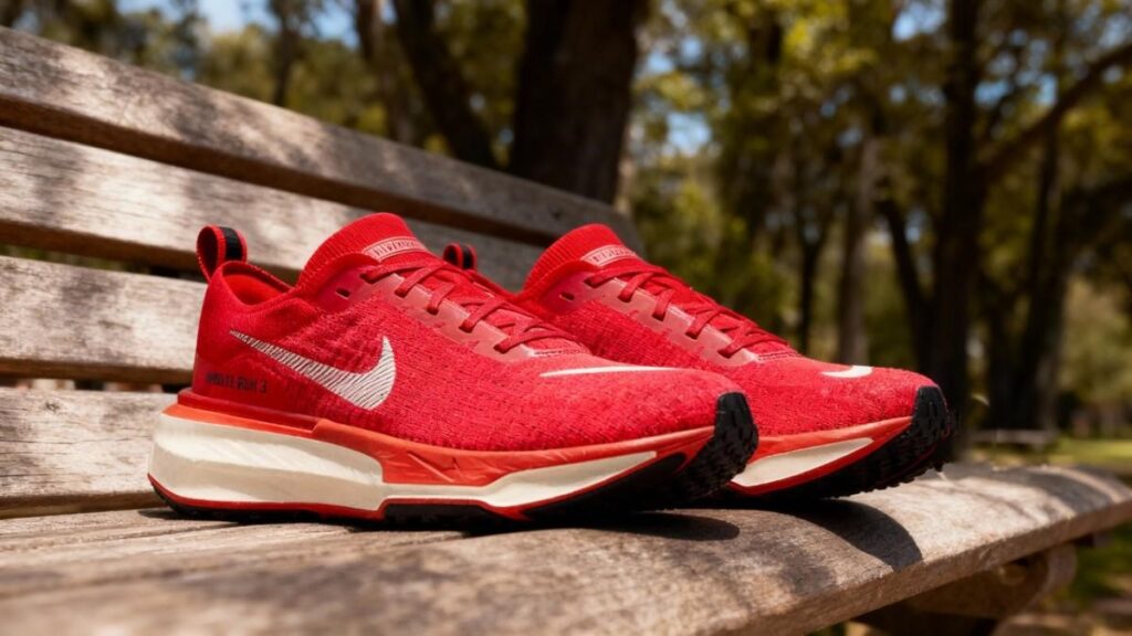 Pair of Nike Invincible Run 3 displayed on a wooden bench.