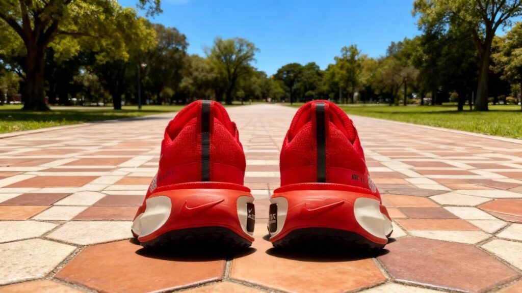 Back-view of Nike Invincible Run 3 placed on a tiles footpath.
