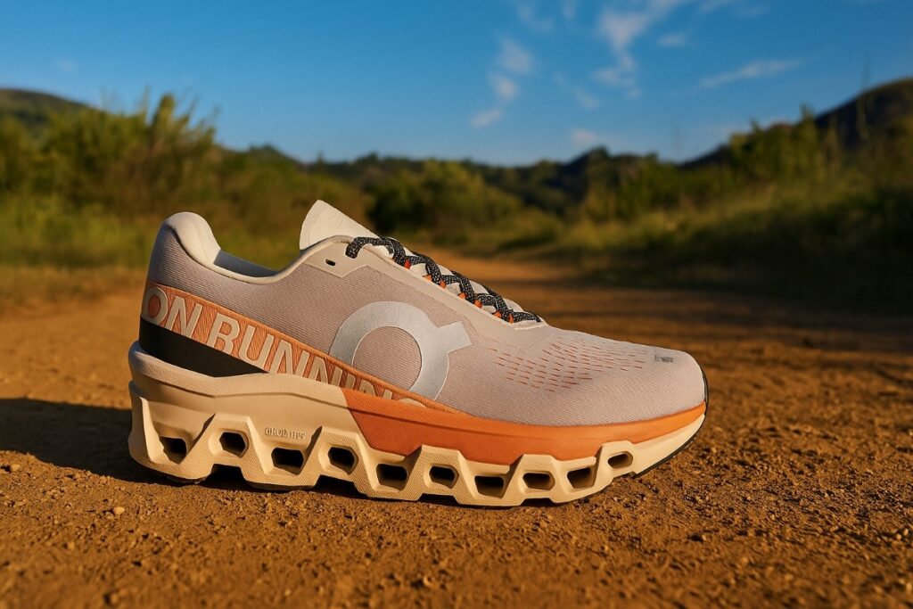 On Cloudmonster 2 displayed on a dirt trail.